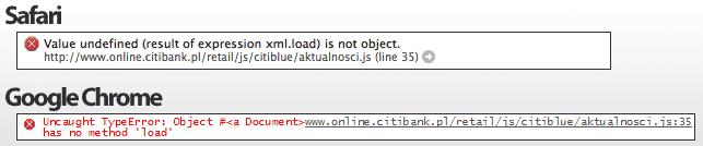 Raport konsoli błędów JS w Safari/Chrome